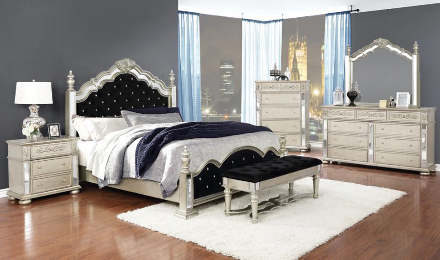 Heidi 5-piece Queen Tufted Upholstered Bedroom Set Metallic Platinum With Bench