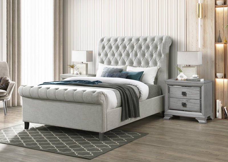 Kate Light Gray King Upholstered Sleigh Platform Bed from Crown Mark - Lara Furniture
