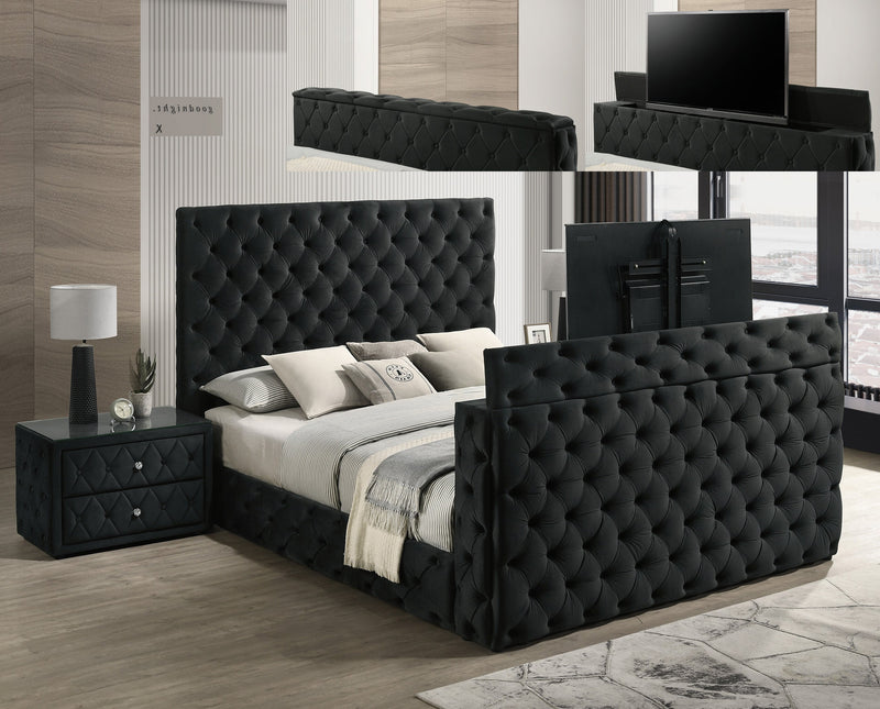 Josephine Black King Upholstered Panel Bed with TV Lift from Crown Mark - Lara Furniture