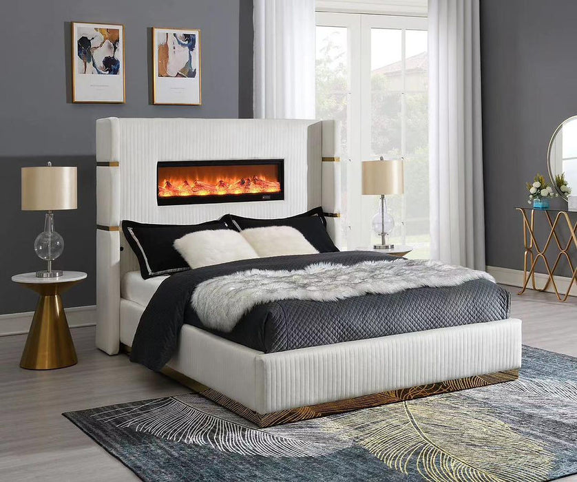 Ember Cream & Gold Fireplace Queen Upholstered Bed