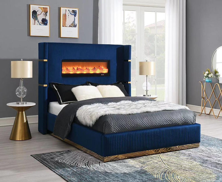 Ember Blue & Gold Fireplace Queen Upholstered Bed
