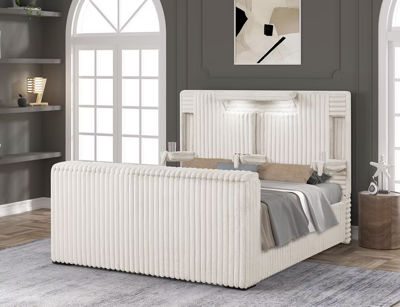 Destiny White Curdoroy King TV Platform Bed