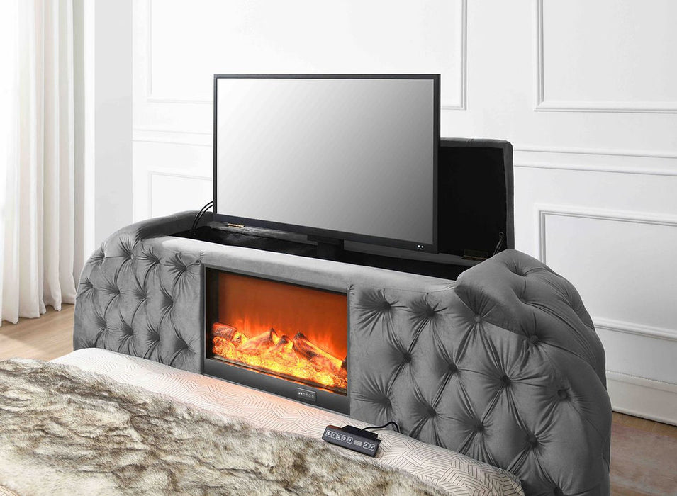 Blaze Gray Velvet TV Fireplace Queen Platform Bed