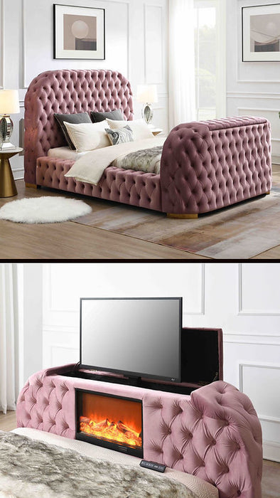Blaze Pink Velvet TV Fireplace Queen Platform Bed