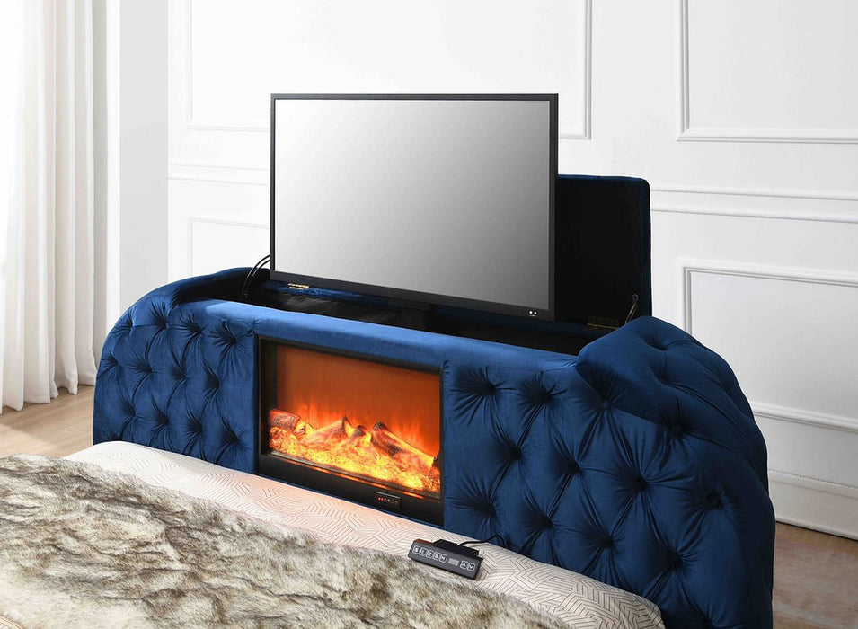 Blaze Blue Velvet TV Fireplace King Platform Bed