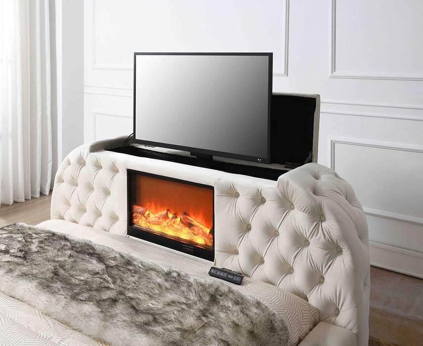 Blaze Cream Velvet TV Fireplace King Platform Bed