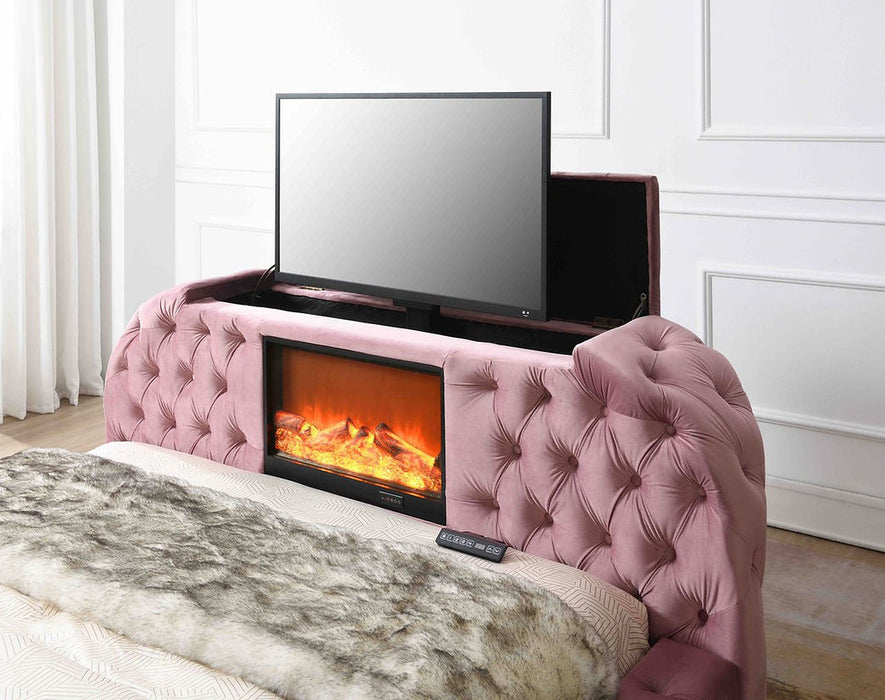 Blaze Pink Velvet TV Fireplace King Platform Bed