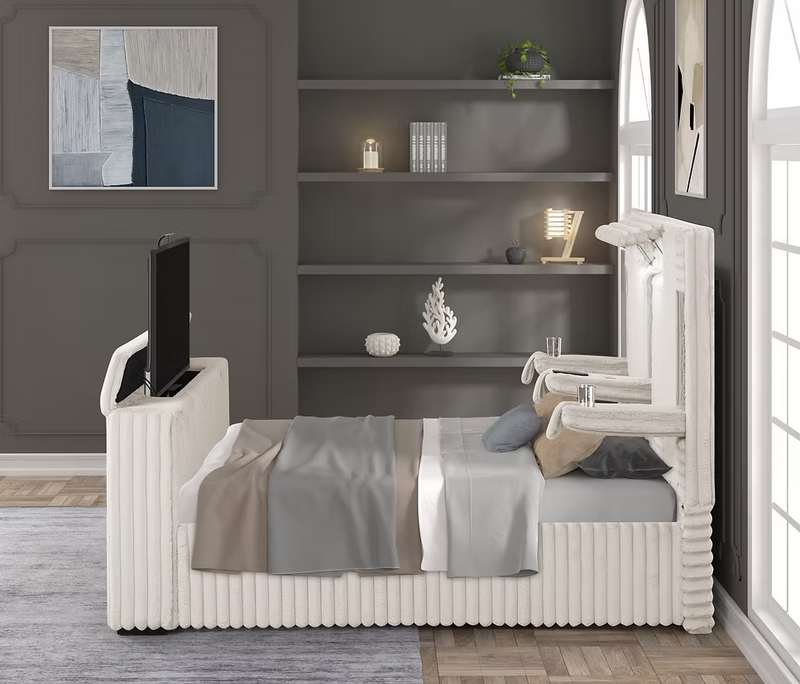 Destiny White Curdoroy Queen TV Platform Bed