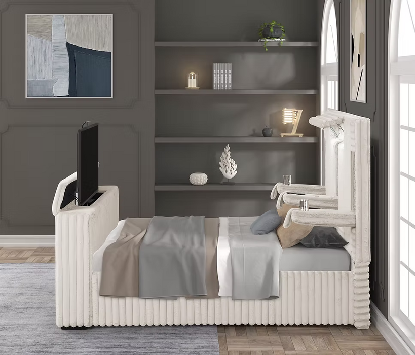 Destiny White Curdoroy King TV Platform Bed