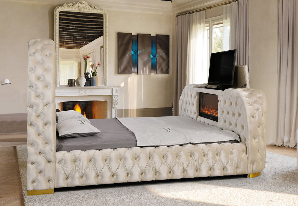 Blaze Cream Velvet TV Fireplace Queen Platform Bed
