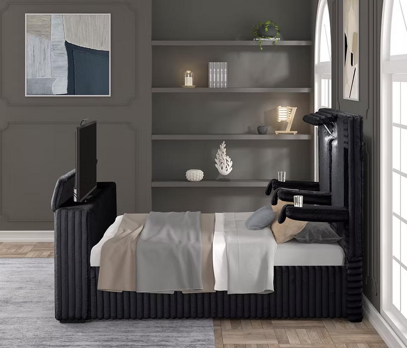 Destiny Black Curdoroy Queen TV Platform Bed