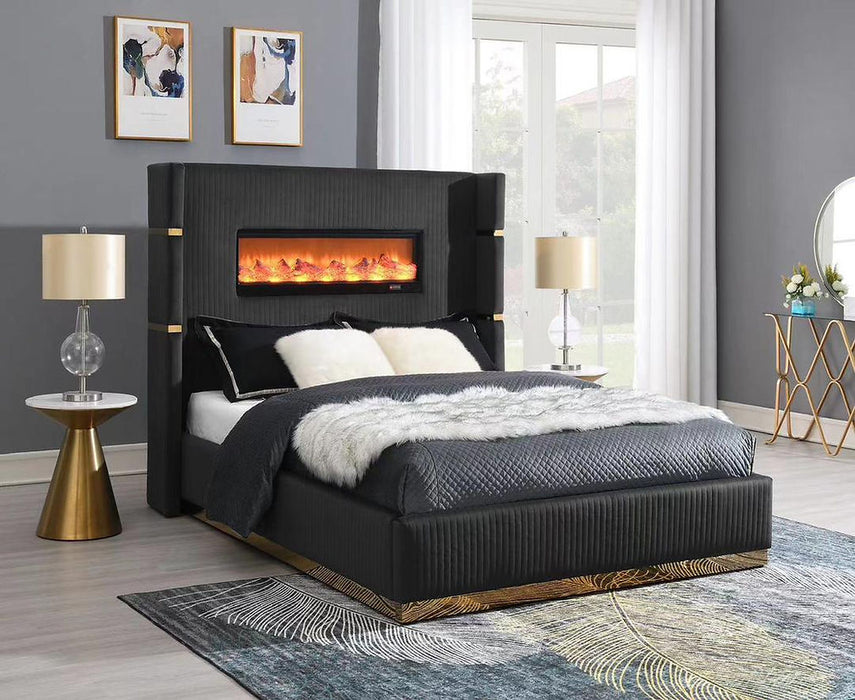 Ember Black & Gold Fireplace Queen Upholstered Bed
