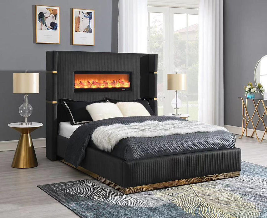 Embery Black & Gold Fireplace Queen Upholstered Bed