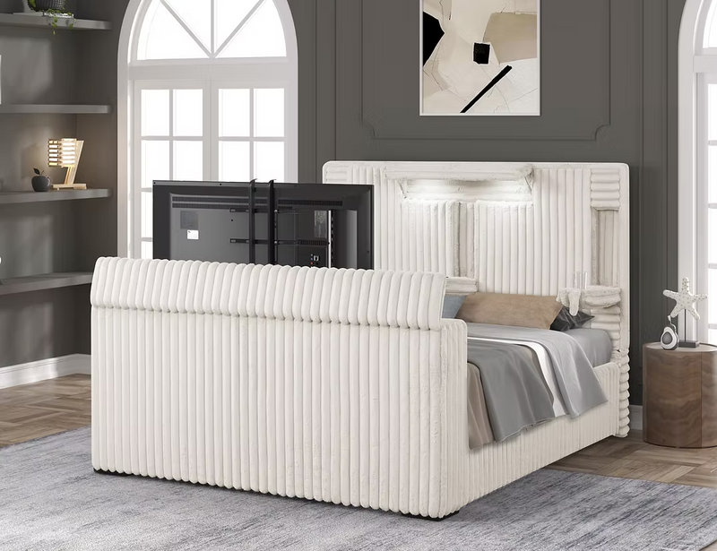 Destiny White Curdoroy Queen TV Platform Bed