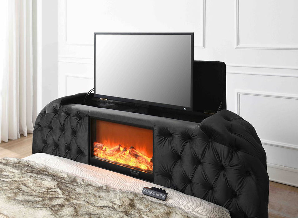 Blaze Black Velvet TV Fireplace King Platform Bed