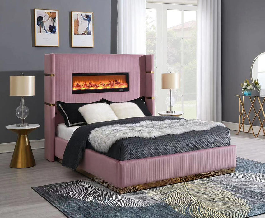 Ember Pink & Gold Fireplace Queen Upholstered Bed