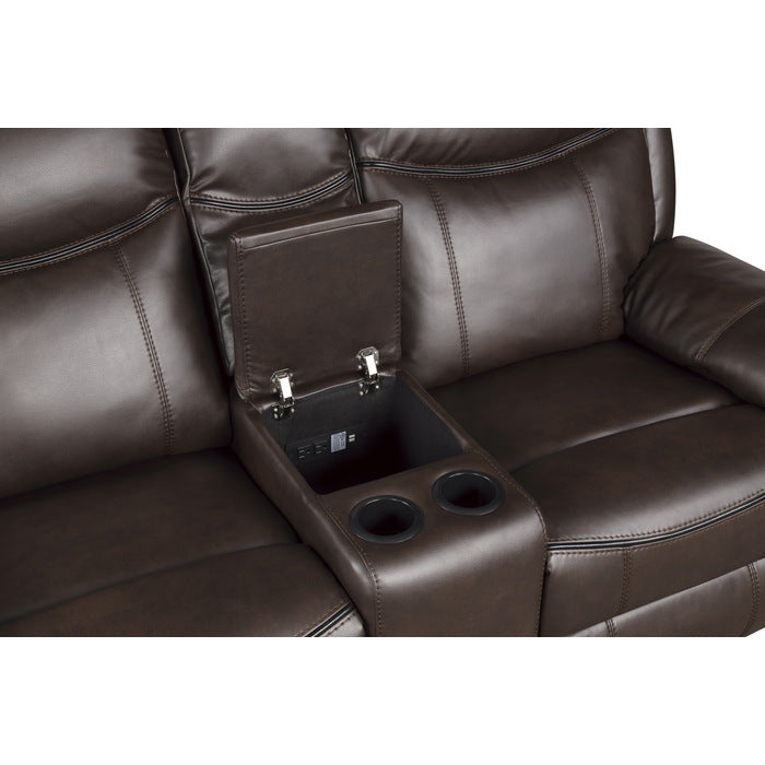 8206BRW-2 Double Glider Reclining Love Seat with Center Console, Receptacles and USB Ports - 8206BRW-2