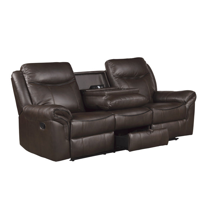 8206BRW-3 Double Reclining Sofa with Center Drop-Down Cup Holders, Receptacles, Hidden Drawer and USB Ports - 8206BRW-3