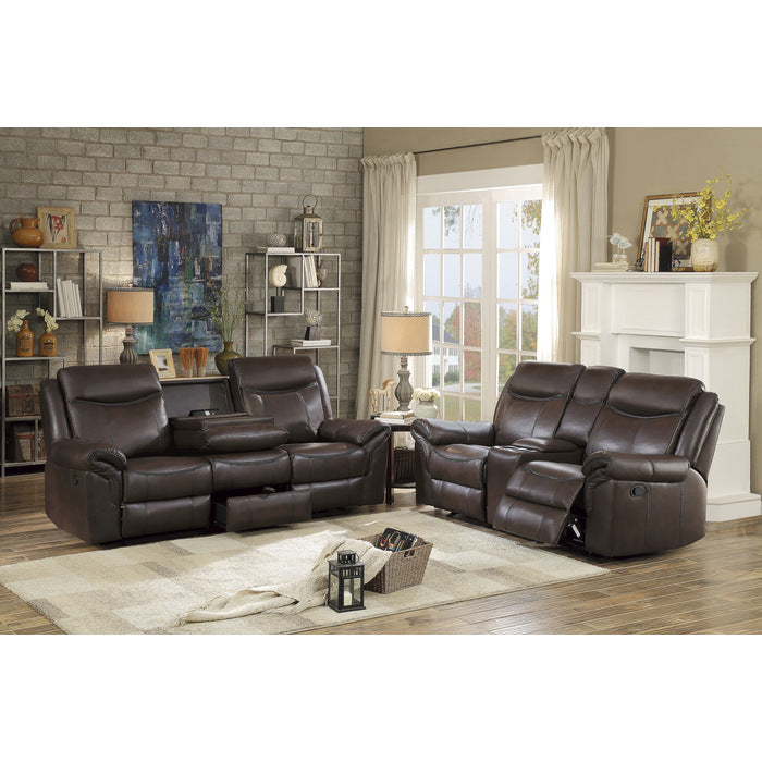 8206BRW-3 Double Reclining Sofa with Center Drop-Down Cup Holders, Receptacles, Hidden Drawer and USB Ports - 8206BRW-3