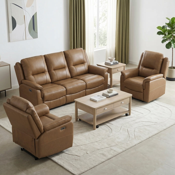 8301BRW-2PW Power Double Reclining Love Seat with Center Console, Hidden Arms Cup Holders, Charging Ports and Wireless Charger - 8301BRW-2PW