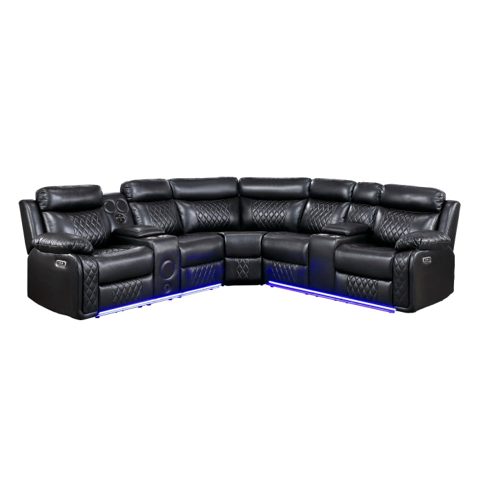 8315BLK*SCPW (3)3-Piece Power Reclining Sectional with Two Consoles, Speakers, Subwoofer, LED Lighting and  Charging Port - 8315BLK*SCPW