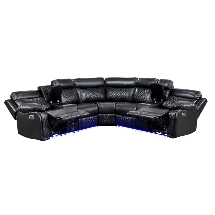 8315BLK*SCPW (3)3-Piece Power Reclining Sectional with Two Consoles, Speakers, Subwoofer, LED Lighting and  Charging Port - 8315BLK*SCPW