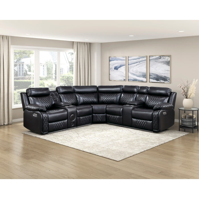 8315BLK*SCPW (3)3-Piece Power Reclining Sectional with Two Consoles, Speakers, Subwoofer, LED Lighting and  Charging Port - 8315BLK*SCPW
