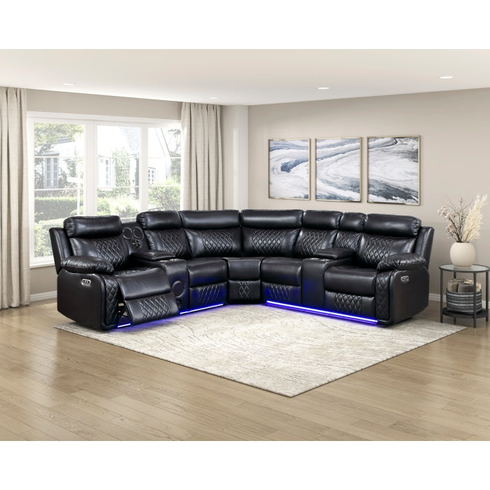 8315BLK*SCPW (3)3-Piece Power Reclining Sectional with Two Consoles, Speakers, Subwoofer, LED Lighting and  Charging Port - 8315BLK*SCPW