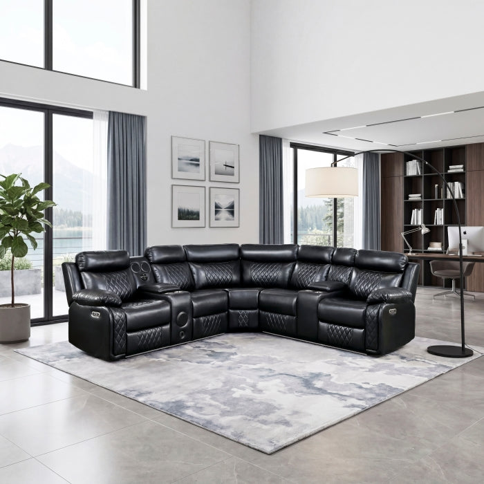 8315BLK*SCPW (3)3-Piece Power Reclining Sectional with Two Consoles, Speakers, Subwoofer, LED Lighting and  Charging Port - 8315BLK*SCPW
