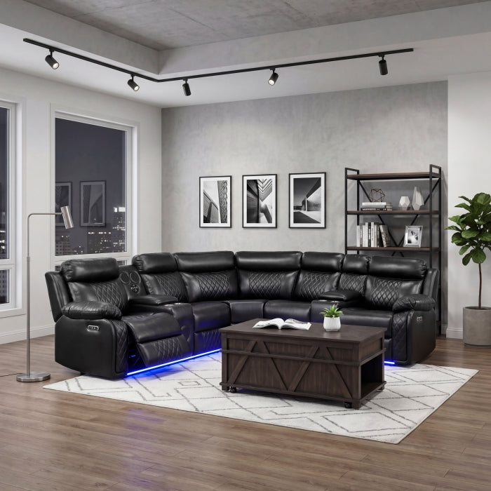 8315BLK*SCPW (3)3-Piece Power Reclining Sectional with Two Consoles, Speakers, Subwoofer, LED Lighting and  Charging Port - 8315BLK*SCPW