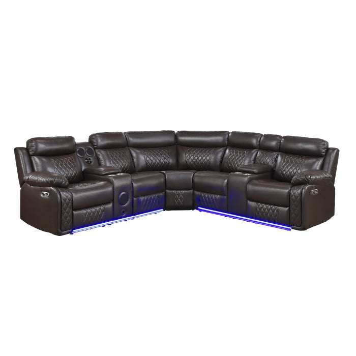 8315DBR*SCPW (3)3-Piece Power Reclining Sectional with Two Consoles, Speakers, Subwoofer, LED Lighting and  Charging Port - 8315DBR*SCPW