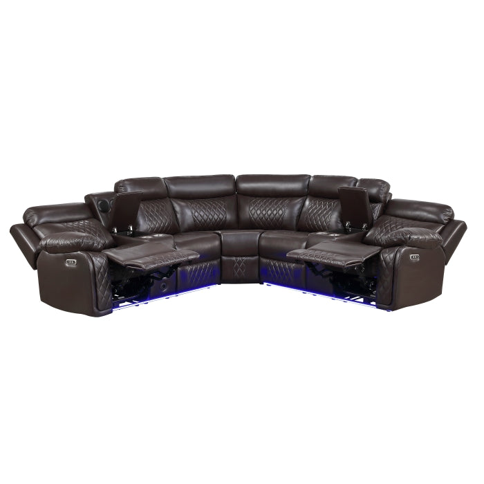 8315DBR*SCPW (3)3-Piece Power Reclining Sectional with Two Consoles, Speakers, Subwoofer, LED Lighting and  Charging Port - 8315DBR*SCPW