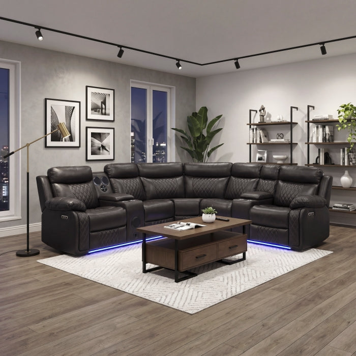8315DBR*SCPW (3)3-Piece Power Reclining Sectional with Two Consoles, Speakers, Subwoofer, LED Lighting and  Charging Port - 8315DBR*SCPW