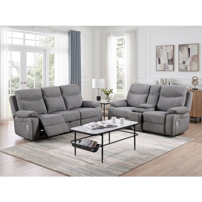 8340GRY-3PWHB Power Double Reclining Sofa with Center Drop-down Cup Holders, Power Headrests, Power Lumbar Support, Wireless Charger, Bluetooth Speakers, Hidden Drawer and Charging Ports - 8340GRY-3PWHB