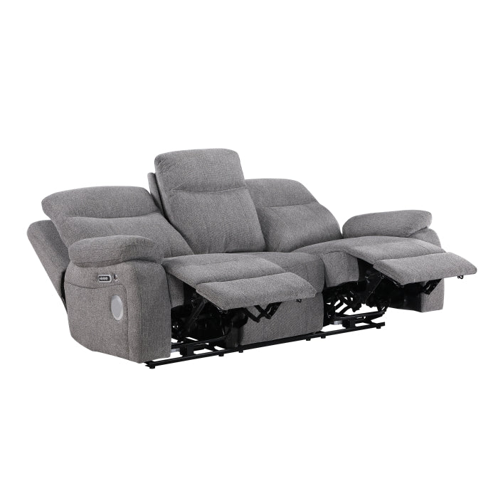 8340GRY-3PWHB Power Double Reclining Sofa with Center Drop-down Cup Holders, Power Headrests, Power Lumbar Support, Wireless Charger, Bluetooth Speakers, Hidden Drawer and Charging Ports - 8340GRY-3PWHB