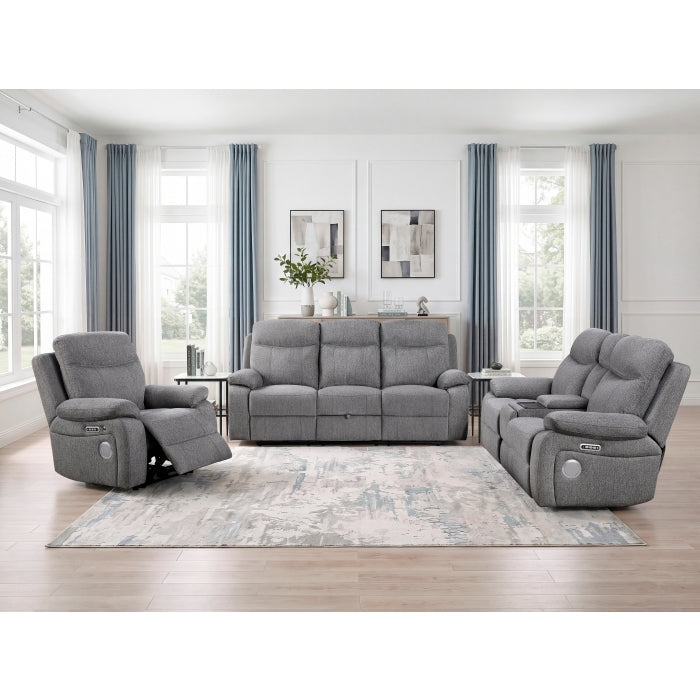 8340GRY-3PWHB Power Double Reclining Sofa with Center Drop-down Cup Holders, Power Headrests, Power Lumbar Support, Wireless Charger, Bluetooth Speakers, Hidden Drawer and Charging Ports - 8340GRY-3PWHB