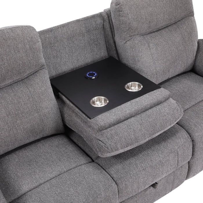 8340GRY-3PWHB Power Double Reclining Sofa with Center Drop-down Cup Holders, Power Headrests, Power Lumbar Support, Wireless Charger, Bluetooth Speakers, Hidden Drawer and Charging Ports - 8340GRY-3PWHB