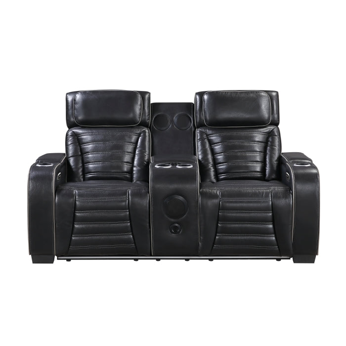 8344BLK-2PWHM Power Double Reclining Love Seat with Center Console, Power Headrests, Storage Arms(Top and Side) ,Cup Holders, Wireless Speakers with Sub-Woofer, Air Massage, Heat, LED Lighting and Charging Ports - 8344BLK-2PWHM