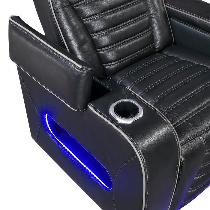 8344BLK-2PWHM Power Double Reclining Love Seat with Center Console, Power Headrests, Storage Arms(Top and Side) ,Cup Holders, Wireless Speakers with Sub-Woofer, Air Massage, Heat, LED Lighting and Charging Ports - 8344BLK-2PWHM