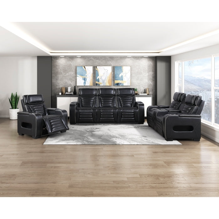 8344BLK-3PWHM Power Double Reclining Sofa with Center Drop-Down Cup Holders, Power Headrests,  Storage Arms(Top and Side) ,Cup holders, Reading Lights, Wireless Charger, Air Massage, Heat,  LED Lighting and Charging Ports - 8344BLK-3PWHM
