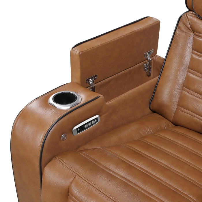 8344BRW-2PWHM Power Double Reclining Love Seat with Center Console, Power Headrests, Storage Arms(Top and Side) ,Cup Holders, Wireless Speakers with Sub-Woofer, Air Massage, Heat, LED Lighting and Charging Ports - 8344BRW-2PWHM