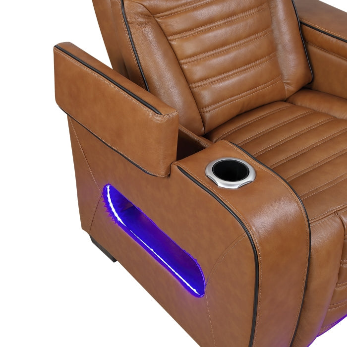 8344BRW-2PWHM Power Double Reclining Love Seat with Center Console, Power Headrests, Storage Arms(Top and Side) ,Cup Holders, Wireless Speakers with Sub-Woofer, Air Massage, Heat, LED Lighting and Charging Ports - 8344BRW-2PWHM