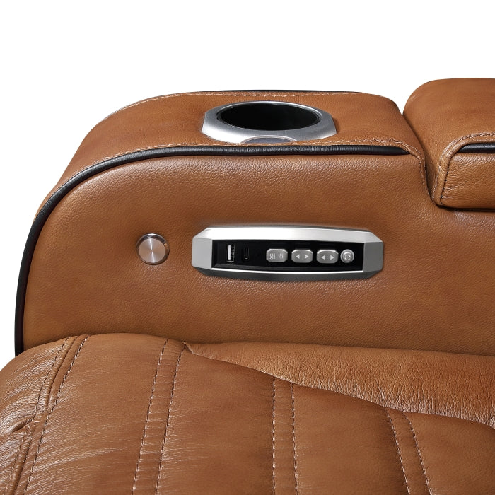 8344BRW-3PWHM Power Double Reclining Sofa with Center Drop-Down Cup Holders, Power Headrests,  Storage Arms(Top and Side) ,Cup holders, Reading Lights, Wireless Charger, Air Massage, Heat,  LED Lighting and Charging Ports - 8344BRW-3PWHM