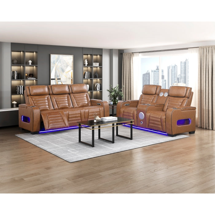 8344BRW-3PWHM Power Double Reclining Sofa with Center Drop-Down Cup Holders, Power Headrests,  Storage Arms(Top and Side) ,Cup holders, Reading Lights, Wireless Charger, Air Massage, Heat,  LED Lighting and Charging Ports - 8344BRW-3PWHM