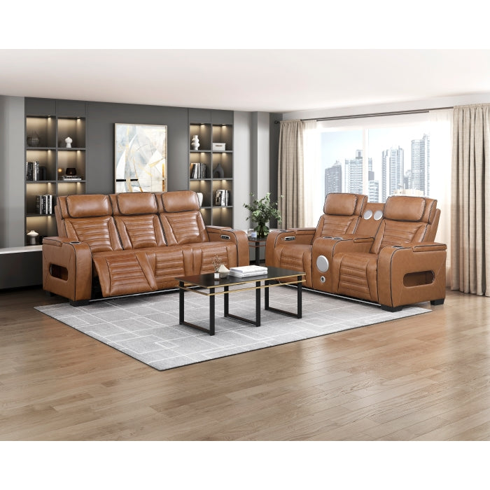 8344BRW-3PWHM Power Double Reclining Sofa with Center Drop-Down Cup Holders, Power Headrests,  Storage Arms(Top and Side) ,Cup holders, Reading Lights, Wireless Charger, Air Massage, Heat,  LED Lighting and Charging Ports - 8344BRW-3PWHM