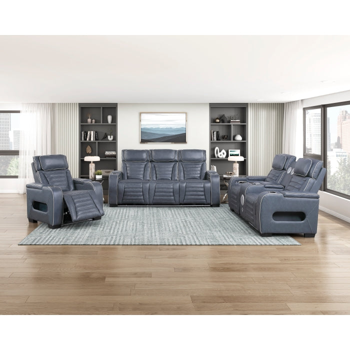 8344BUE-2PWHM Power Double Reclining Love Seat with Center Console, Power Headrests, Storage Arms(Top and Side) ,Cup Holders, Wireless Speakers with Sub-Woofer, Air Massage, Heat, LED Lighting and Charging Ports - 8344BUE-2PWHM