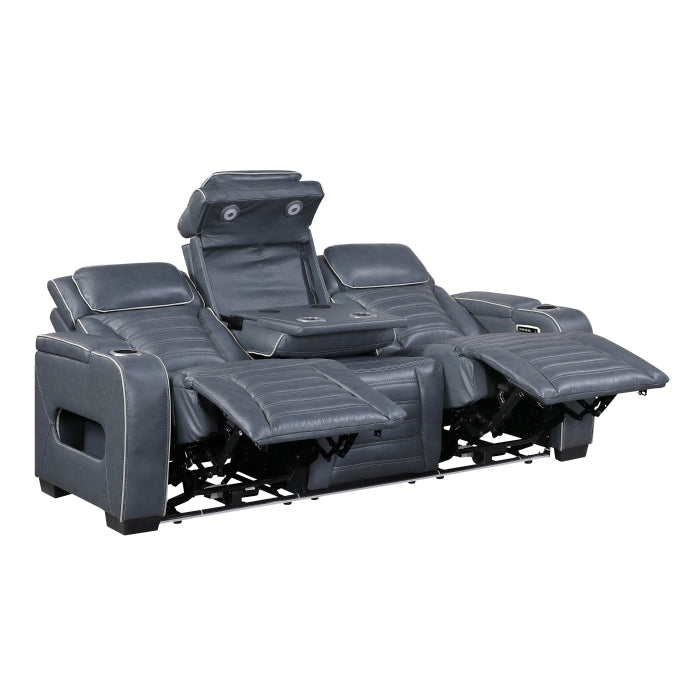 8344BUE-3PWHM Power Double Reclining Sofa with Center Drop-Down Cup Holders, Power Headrests,  Storage Arms(Top and Side) ,Cup holders, Reading Lights, Wireless Charger, Air Massage, Heat,  LED Lighting and Charging Ports - 8344BUE-3PWHM