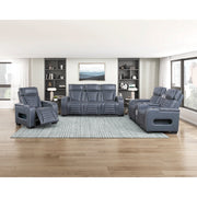 8344BUE-3PWHM Power Double Reclining Sofa with Center Drop-Down Cup Holders, Power Headrests,  Storage Arms(Top and Side) ,Cup holders, Reading Lights, Wireless Charger, Air Massage, Heat,  LED Lighting and Charging Ports - 8344BUE-3PWHM