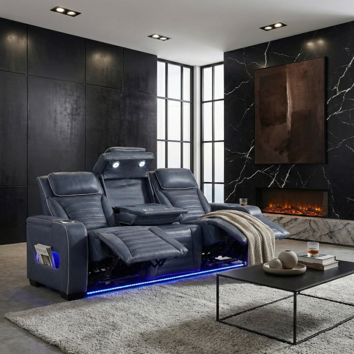 8344BUE-3PWHM Power Double Reclining Sofa with Center Drop-Down Cup Holders, Power Headrests,  Storage Arms(Top and Side) ,Cup holders, Reading Lights, Wireless Charger, Air Massage, Heat,  LED Lighting and Charging Ports - 8344BUE-3PWHM