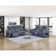 8344BUE-3PWHM Power Double Reclining Sofa with Center Drop-Down Cup Holders, Power Headrests,  Storage Arms(Top and Side) ,Cup holders, Reading Lights, Wireless Charger, Air Massage, Heat,  LED Lighting and Charging Ports - 8344BUE-3PWHM